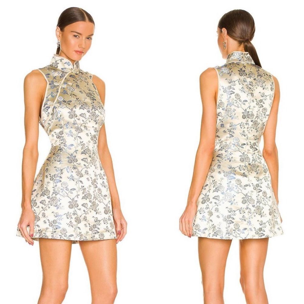 SAU LEE June Dress in Champagne Blue Satin Jacquard Sleeveless Mandarin Collar 8